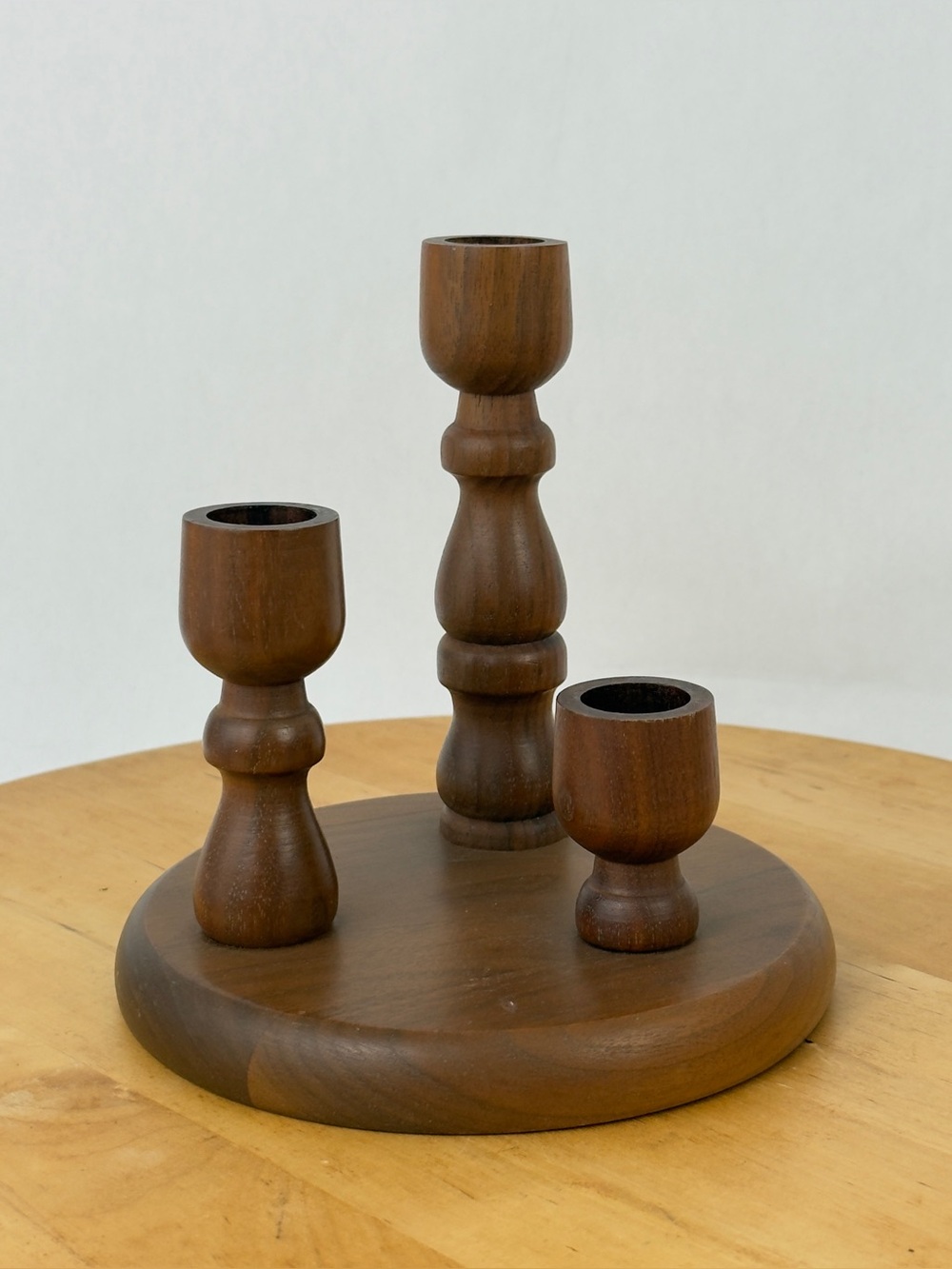 Vintage Turned Wood Genuine Ozark Black Walnut Native Wood 3-Tiered Candelabra